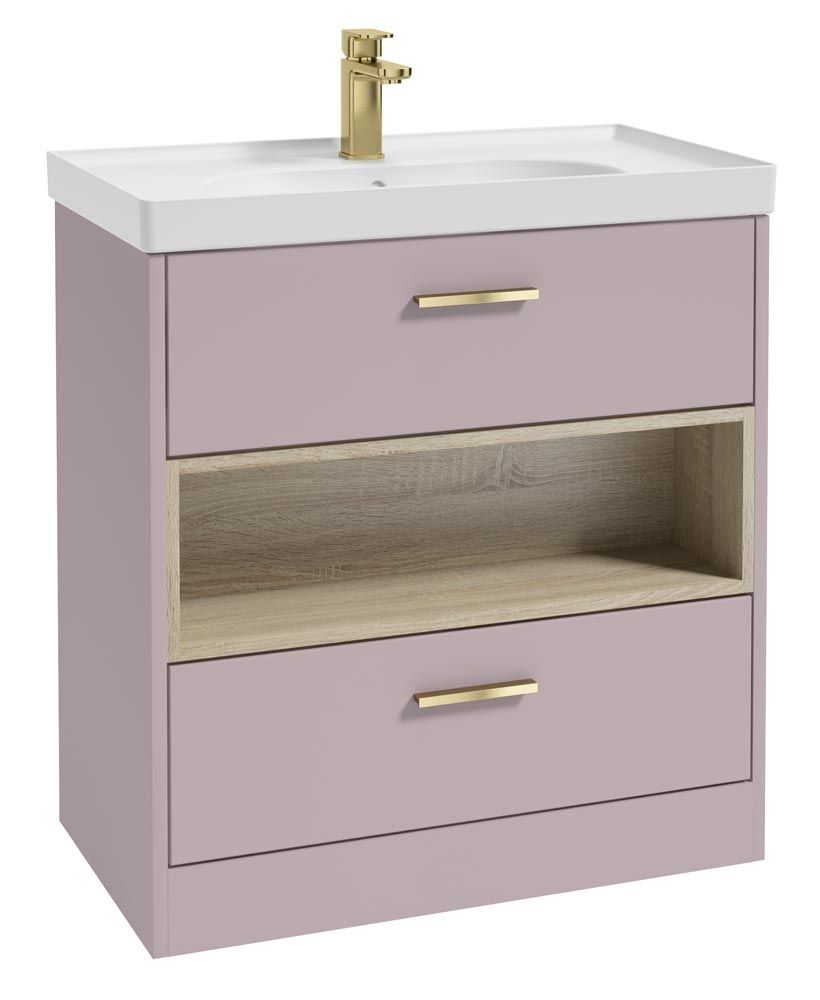 SONAS MALMO 80cm Two Drawer Matt Cashmere Pink Floor Standing Vanity Unit Matt Basin - Brushed Gold Handle