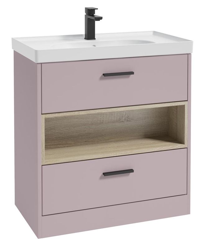 SONAS MALMO 80cm Two Drawer Matt Cashmere Pink Floor Standing Vanity Unit Matt Basin - Matt Black Handle