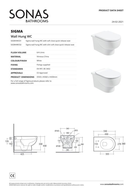 SONAS Sigma Wall Hung Rimless WC