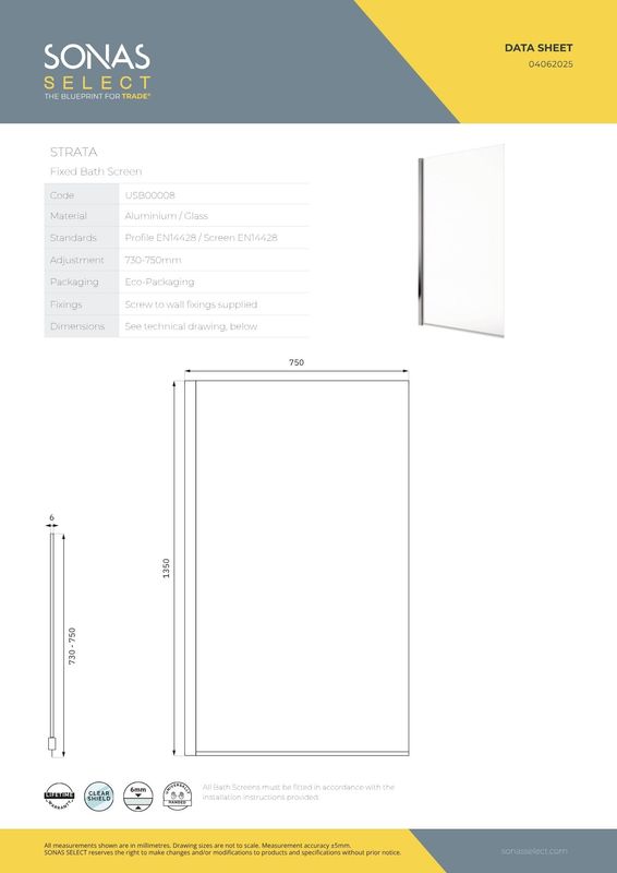 STRATA 1350x750mm Fixed 6mm Glass Bath Screen Chrome