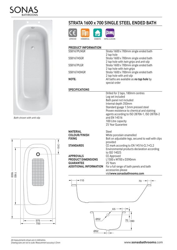 STRATA Single Ended Steel Bath With Twin Grips