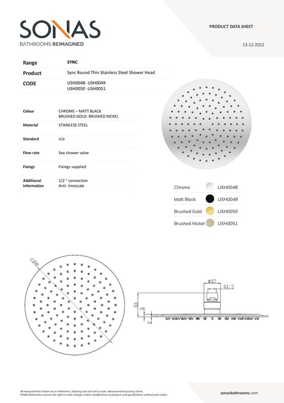 SYNC Round Thin Stainless Steel Shower Head 250mm