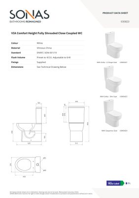 VIA Fully Shrouded Comfort Height Closed Coupled Rimless Pan &amp; Soft Close Seat