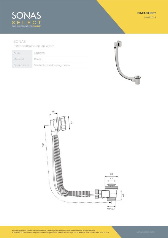 SONAS Extended Pop Up Bath Waste