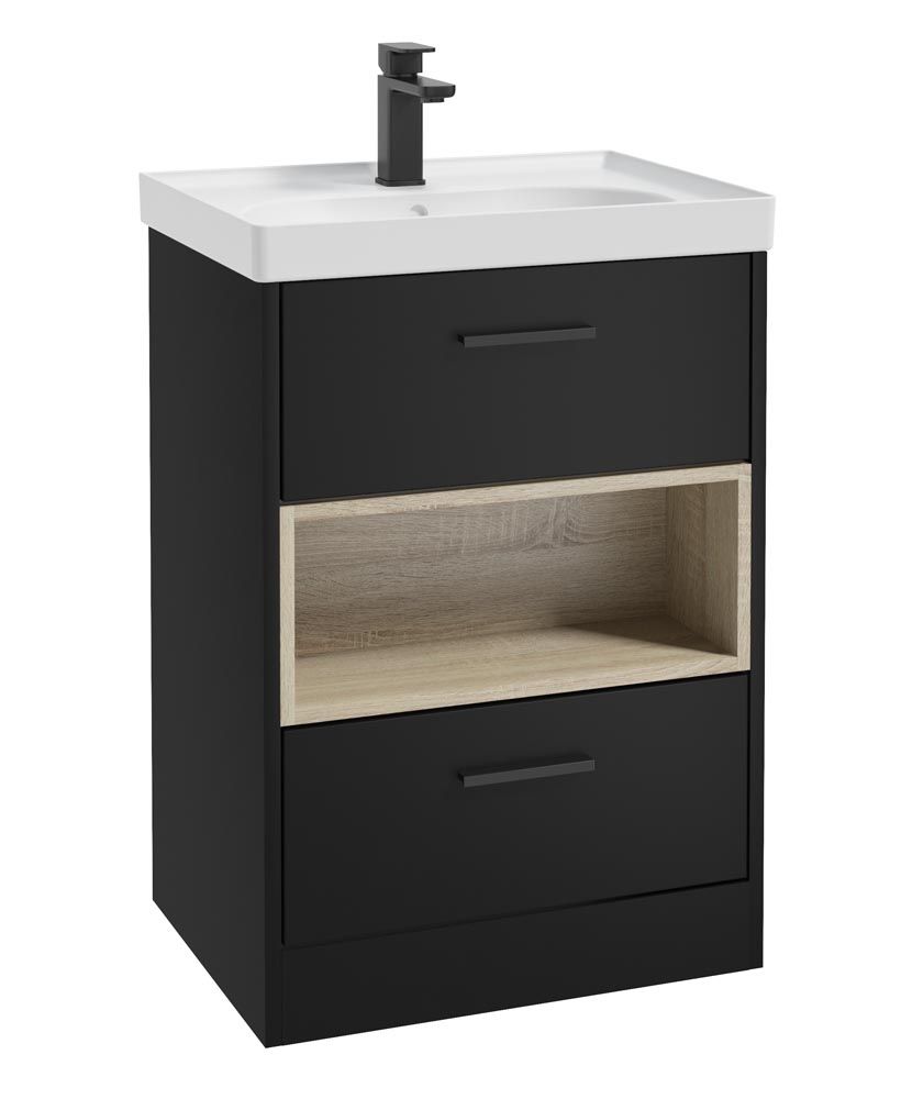 SONAS MALMO 60cm Two Drawer Matt Black Floor Standing Vanity Unit Matt Basin- Matt Black Handle