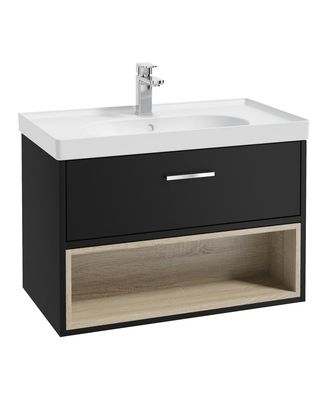 SONAS MALMO 80cm Matt Black Single Drawer Vanity Unit Matt Basin - Brushed Chrome Handle