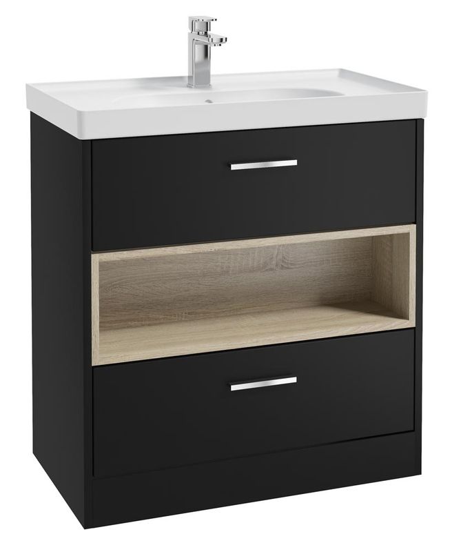 SONAS MALMO 80cm Two Drawer Matt Black Floor Standing Vanity Unit Matt Basin - Brushed Chrome Handle