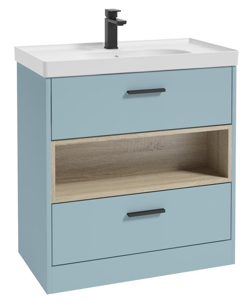 SONAS MALMO 80cm Two Drawer Matt Morning Sky Blue Floor Standing Vanity Unit Matt Basin- Matt Black Handle