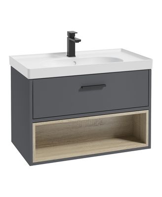 SONAS Malmo 80cm Wall Hung Vanity Unit with Matt Basin Midnight Grey Matt - Matt Black Hardware
