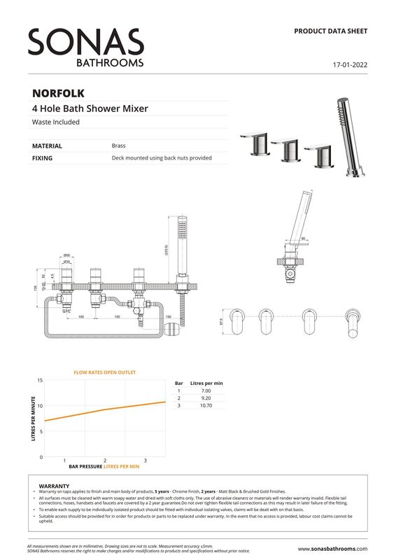 SONAS Norfolk 4 Hole Bath Shower Mixer Brushed Gold