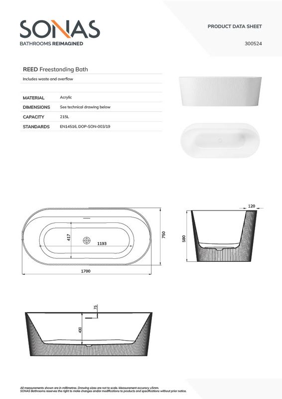 SONAS REED Fluted 1700x750mm Freestanding Bath