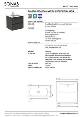 SONAS Smart 60cm Sandy Grey Wall Hung 2 Drawer Vanity Unit