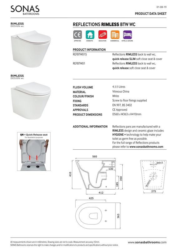 REFLECTIONS Rimless Back To Wall WC &amp; Alpha Soft Close Seat