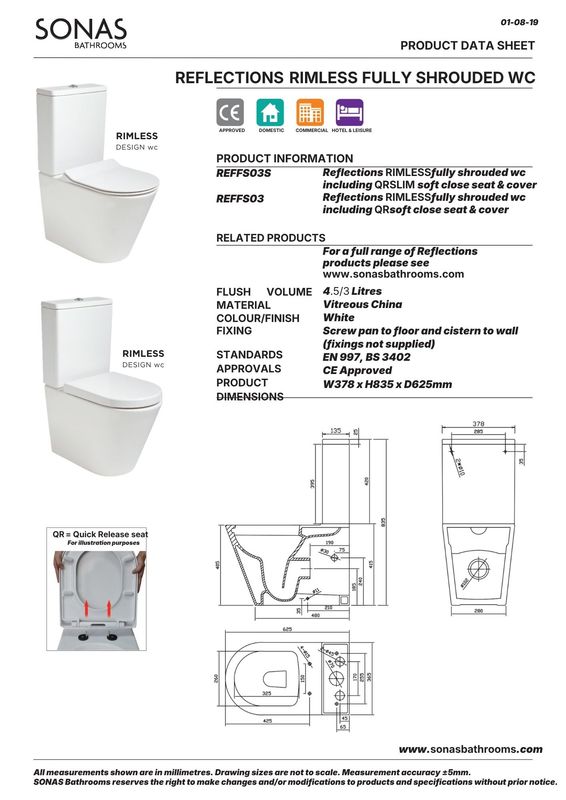 REFLECTIONS Rimless Fully Shrouded Close Coupled WC &amp; Sequence Slim Soft Close Seat