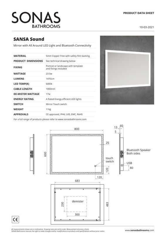 Sansa Sound Bluetooth Perimeter LED Mirror