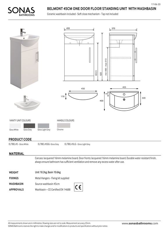SONAS Belmont Gloss White 45cm 1 Door Floor Standing Vanity Unit- Chrome Hardware