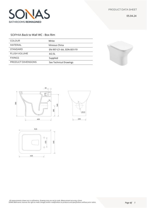 SOPHIA Back to Wall WC &amp; Box Rim &amp; Gamma Slim Soft Close Seat