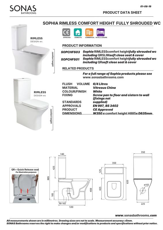 SOPHIA Rimless Comfort Height Fully Shrouded Close Coupled WC &amp; Gamma Slim Soft Close Seat
