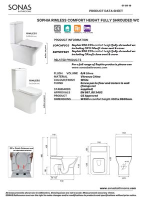 SOPHIA Rimless Comfort Height Fully Shrouded Close Coupled WC &amp; Gamma Slim Soft Close Seat