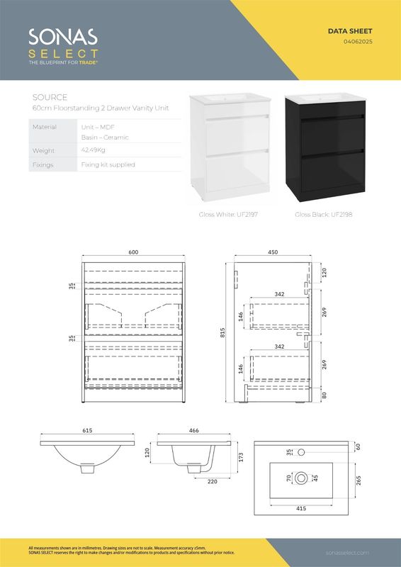 SOURCE Floorstanding 60cm Two Drawer Vanity Unit &amp; Basin