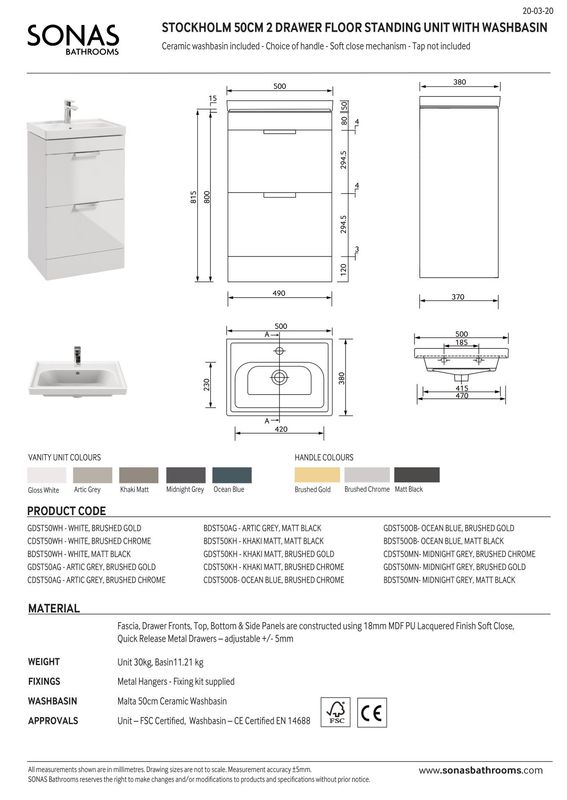 STOCKHOLM Floorstanding 50cm Two Drawer Unit Matt Arctic Grey &amp; Handles