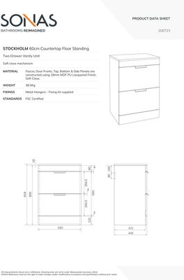 STOCKHOLM Floorstanding 60cm Two Drawer Countertop Unit Matt Morning Sky Blue &amp; Handles