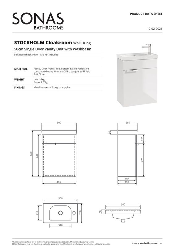 STOCKHOLM Wall Hung 50cm Single Door Cloakroom Unit Matt Arctic Grey &amp; Brushed Handle