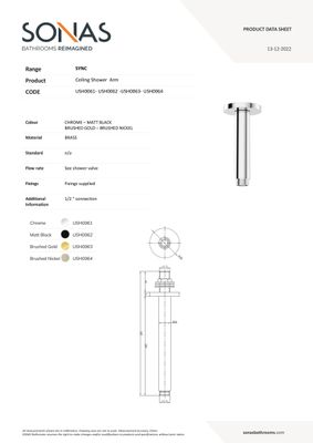 SYNC Round Ceiling Shower Arm 200mm