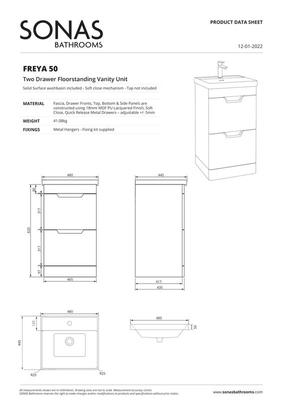 SONAS Freya 50cm 2 Drawer Floor Standing Vanity Unit Morning Sky Blue Matt - Matt Black Hardware