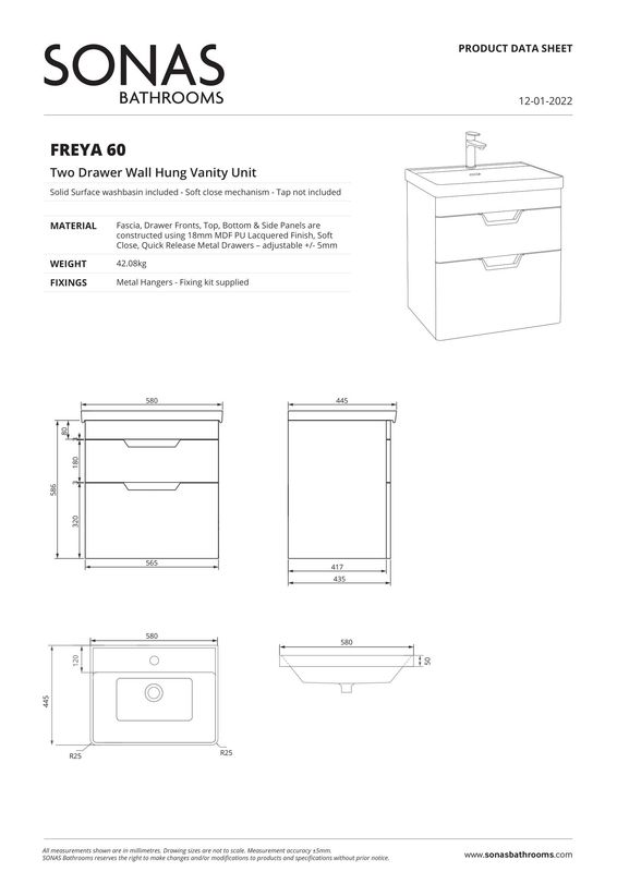 SONAS Freya 60cm 2 Drawer Wall Hung Vanity Unit White Matt - Brushed Gold Hardware