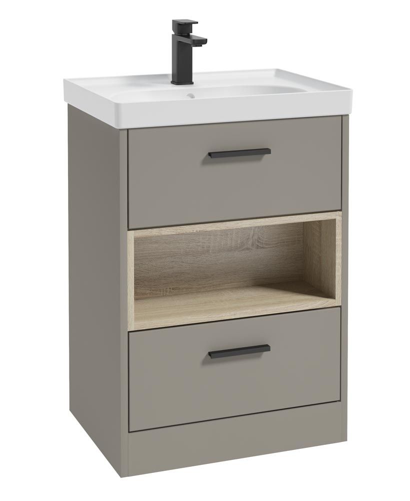 SONAS MALMO 60cm Two Drawer Matt Khaki Floor Standing Vanity Unit Matt Basin- Matt Black Handle