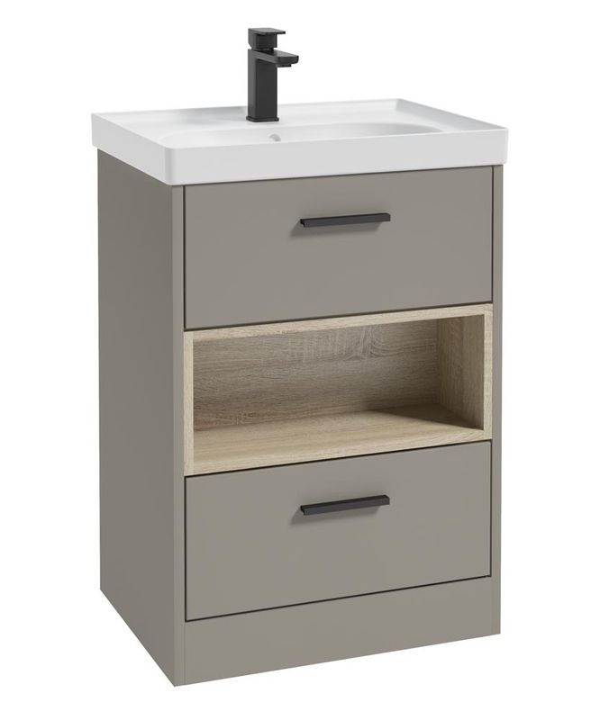 SONAS MALMO 60cm Two Drawer Matt Khaki Floor Standing Vanity Unit Matt Basin- Matt Black Handle