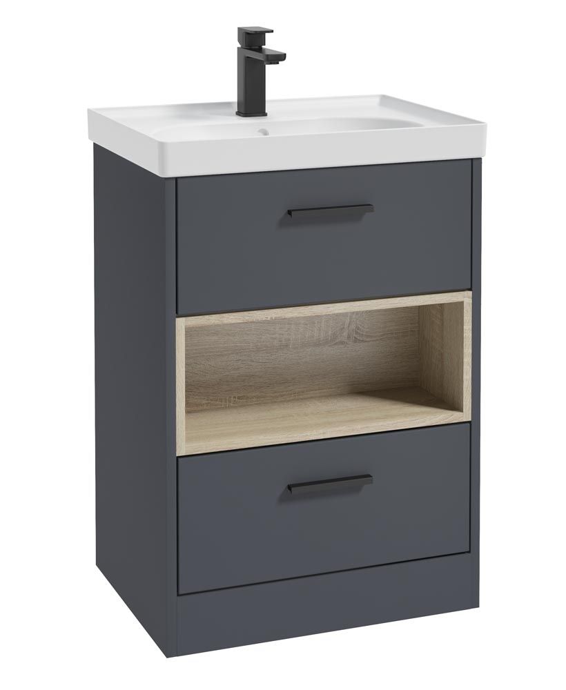 SONAS MALMO 60cm Two Drawer Matt Night Sky Blue Floor Standing Vanity Unit Matt Basin- Matt Black Handle