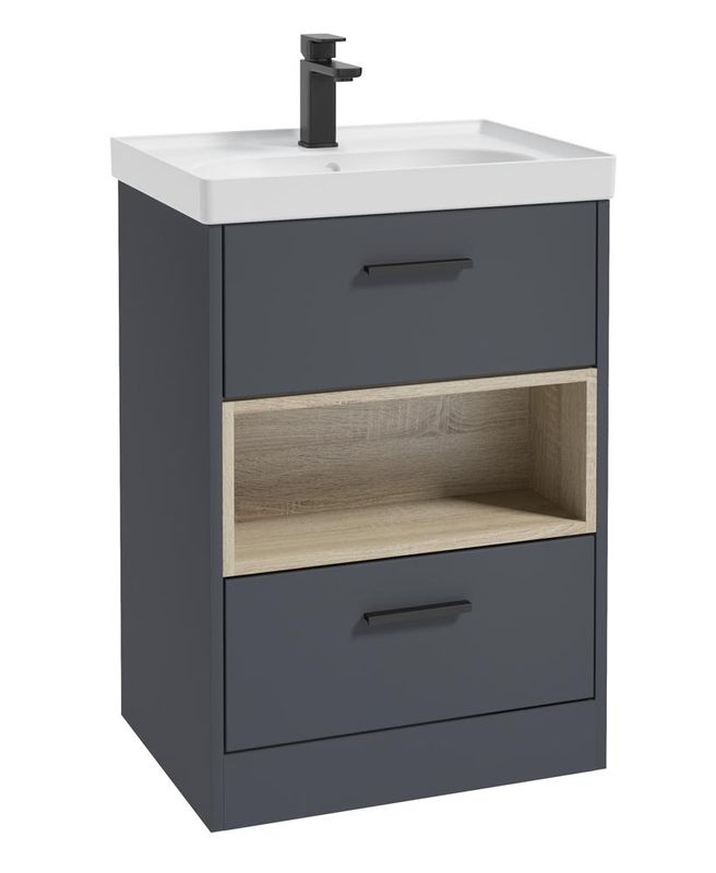 SONAS MALMO 60cm Two Drawer Matt Night Sky Blue Floor Standing Vanity Unit Matt Basin- Matt Black Handle