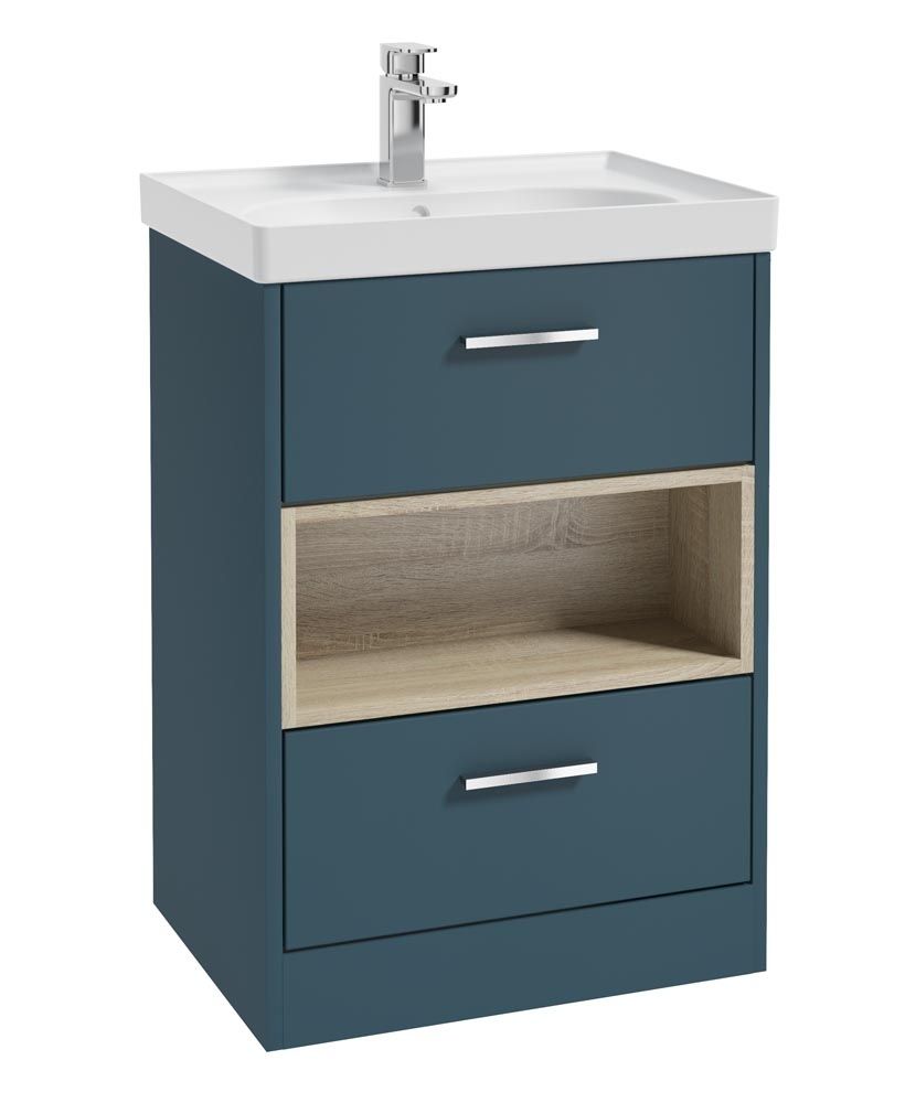 SONAS MALMO 60cm Two Drawer Matt Ocean Blue Floor Standing Vanity Unit Matt Basin- Brushed Chrome Handle