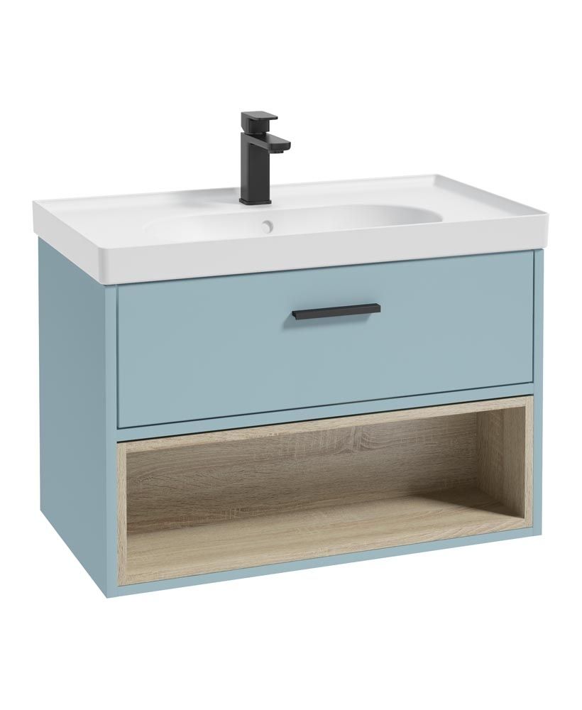 SONAS MALMO 80cm Matt Morning Sky Blue Single Drawer Vanity Unit Matt Basin - Matt Black Handle
