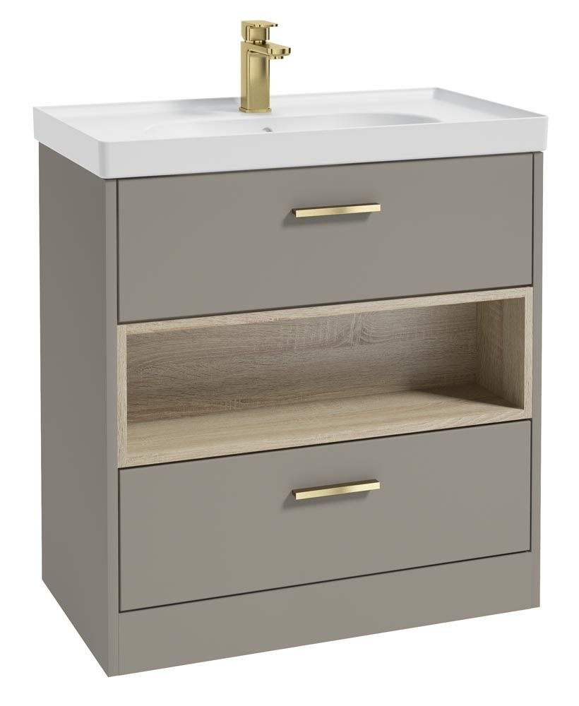 SONAS MALMO 80cm Two Drawer Matt Khaki Floor Standing Vanity Unit Matt Basin - Brushed Gold Handle