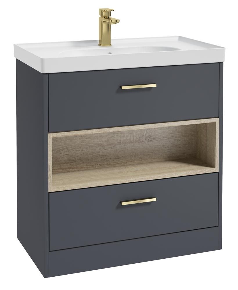 SONAS MALMO 80cm Two Drawer Matt Night Sky Blue Floor Standing Vanity Unit Matt Basin - Brushed Gold Handle