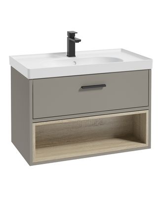 SONAS Malmo 80cm Wall Hung Vanity Unit with Matt Basin Khaki Matt - Matt Black Hardware