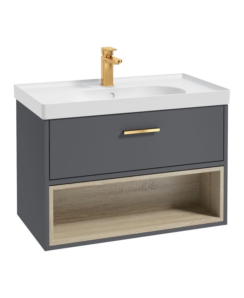 SONAS Malmo 80cm Wall Hung Vanity Unit with Matt Basin Midnight Grey Matt - Brushed Gold Hardware