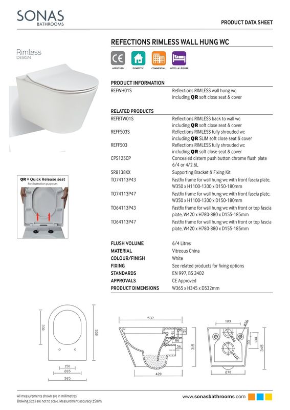 REFLECTIONS Rimless Wall Hung WC &amp; Alpha Soft Close Seat