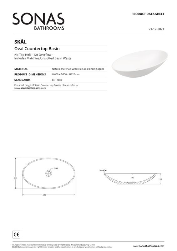 SKAL Oval 60cm Countertop Basin White