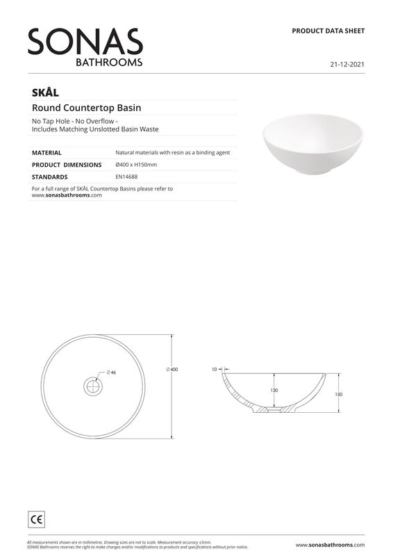 SKAL Round 40cm Countertop Basin White &amp; Waste