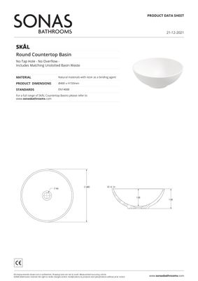 SKAL Round 40cm Countertop Basin White &amp; Waste