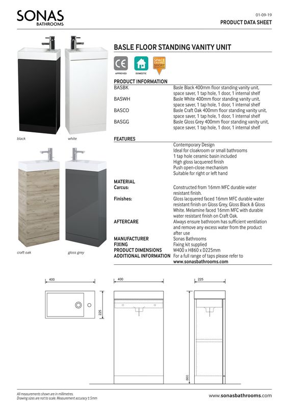 SONAS Basle 40cm Grey Gloss Space Saving Cloakroom Vanity Unit