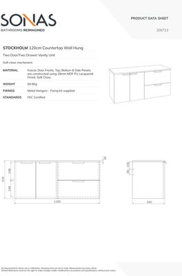 STOCKHOLM Wall Hung 120cm Two Drawer/Two Door Countertop Unit Matt Arctic Grey &amp; Handles