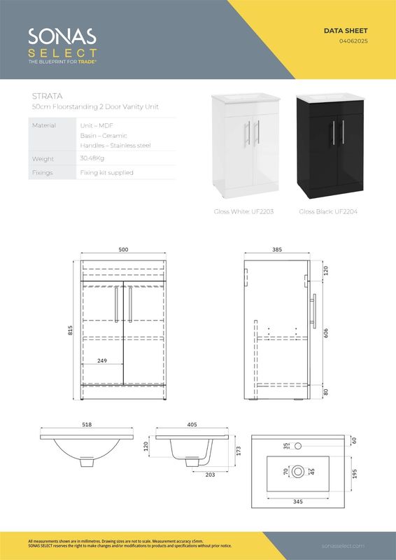 STRATA Floorstanding 50cm Two Door Vanity Unit &amp; Basin