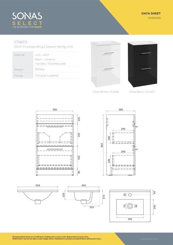 STRATA Floorstanding 50cm Two Drawer Vanity Unit &amp; Basin