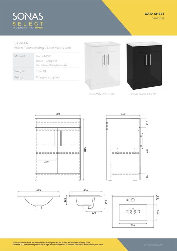 STRATA Floorstanding 60cm Two Door Vanity Unit &amp; Basin