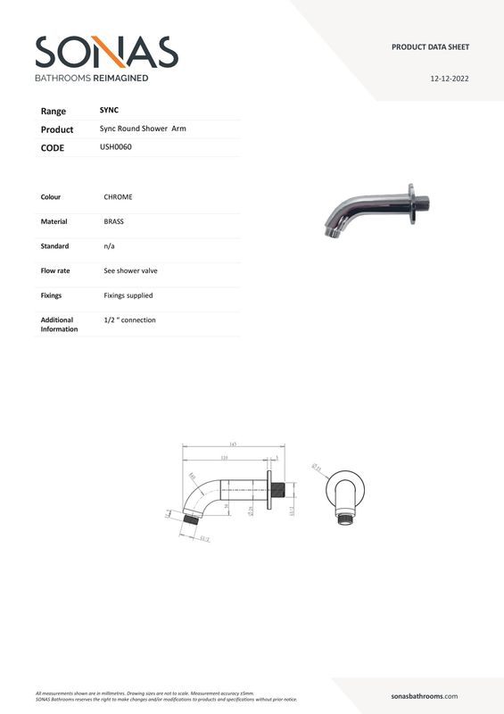 SYNC Round Wall Shower Arm 114mm Chrome